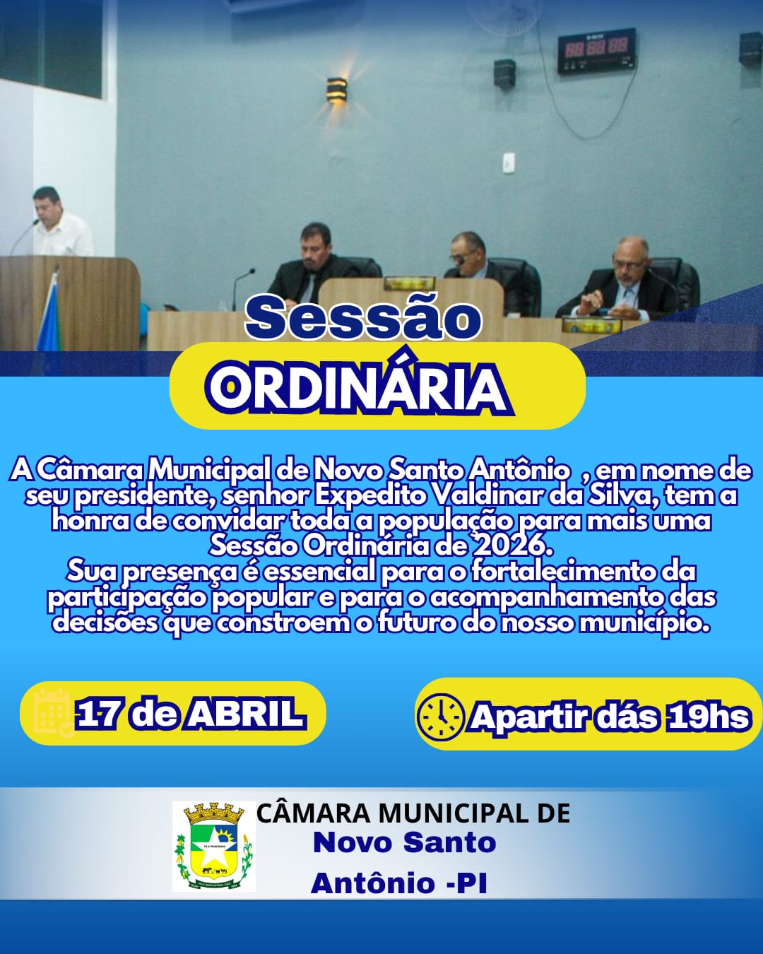 Câmara Municipal de Novo Santo Antônio convida população para Sessão Ordinária.