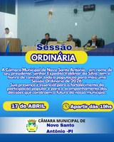 Câmara Municipal de Novo Santo Antônio convida população para Sessão Ordinária.